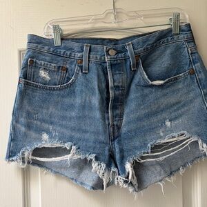 Blue Distressed High-Waist Denim Shorts